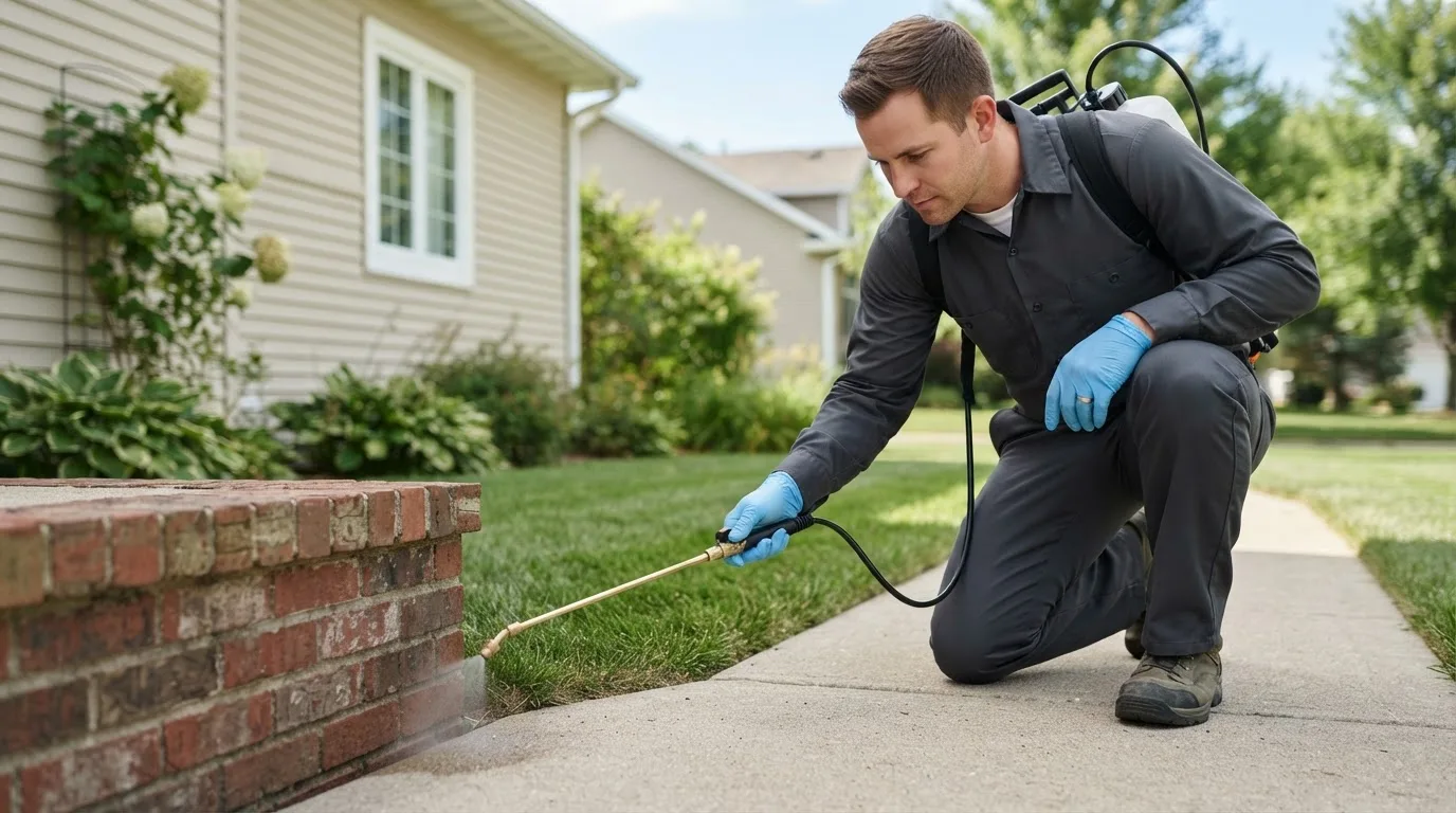 Pest control technician treating a home near Harrold, SD